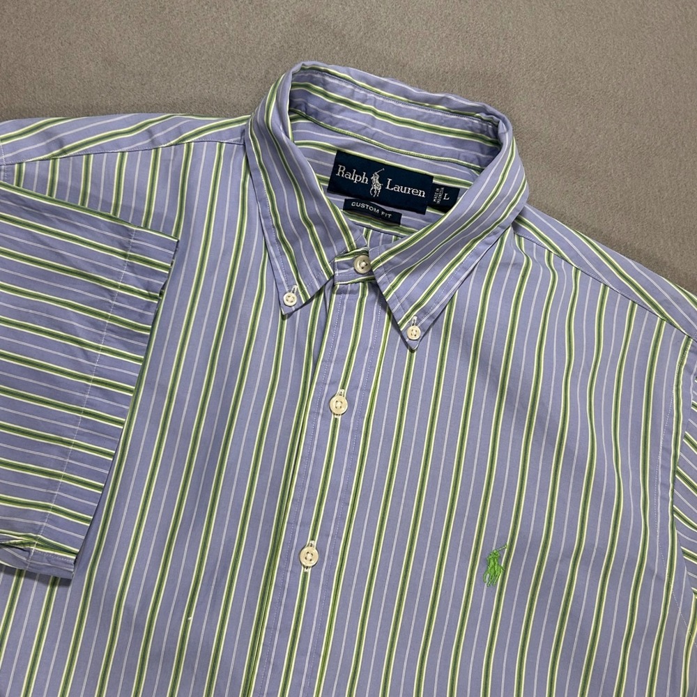 Ralph Lauren Mens Custom Fit Striped Short Sleeve Button Down Shirt Blue Green L